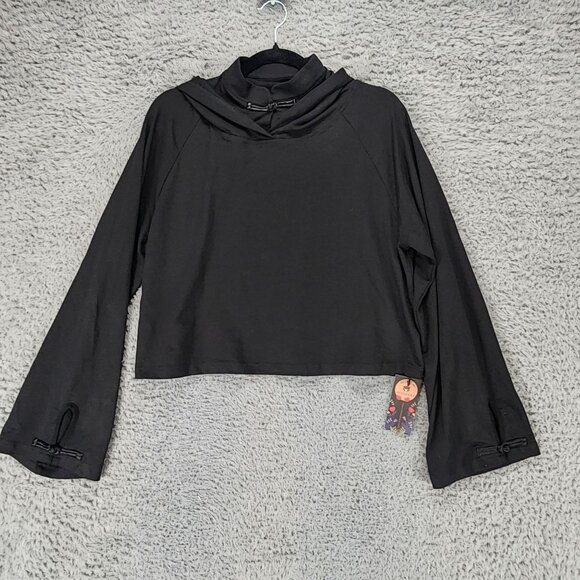Modakawa Top Womens XL Black Bell Sleeve Cropped Jersey Knit Crop Hoodie NWT - Picture 1 of 12